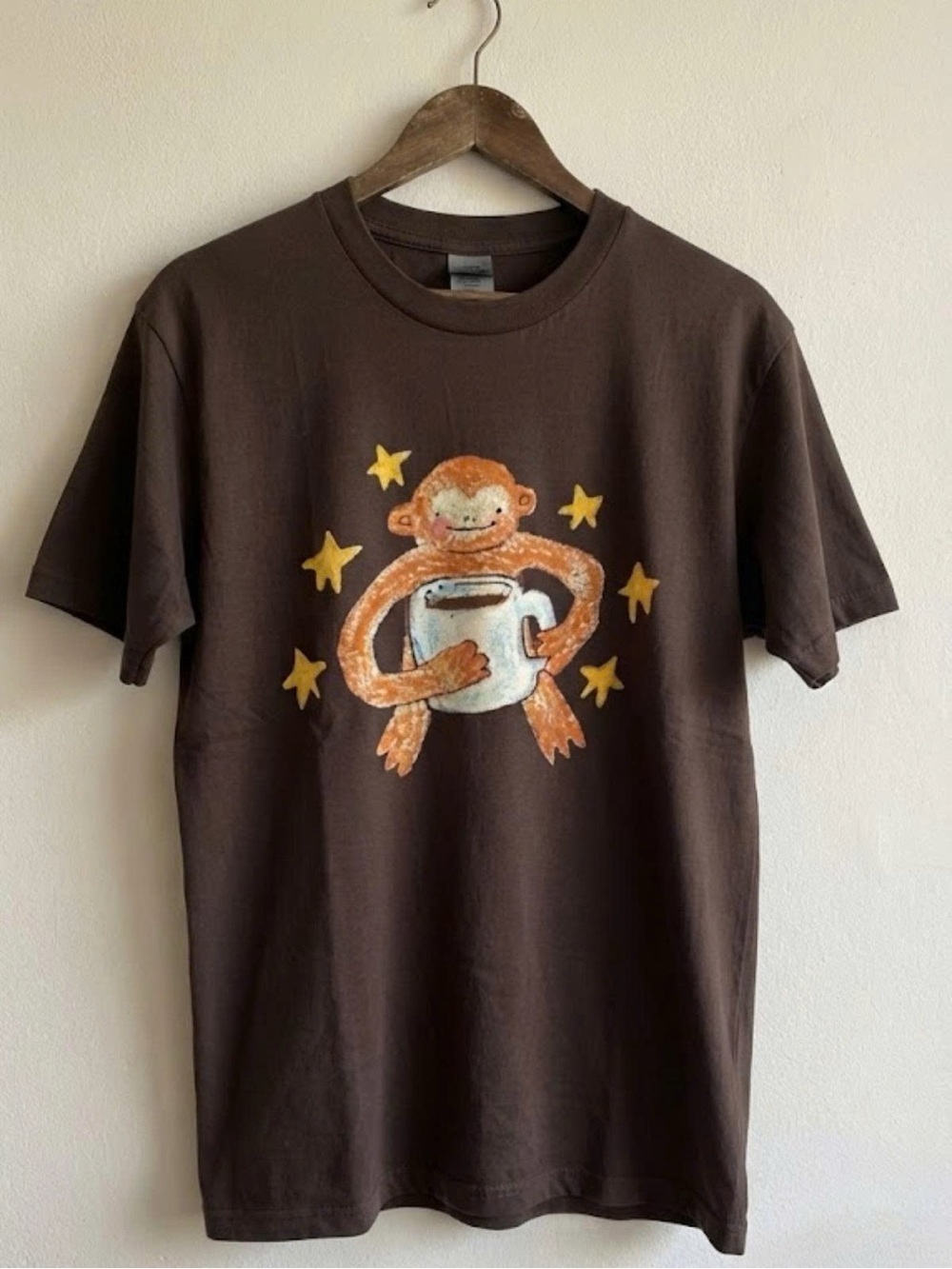 Gildan Brown Short Sleeve Tee with Monkey Holding Mug and Yellow Stars